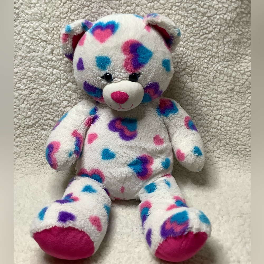 Build A Bear White Heart Bear Plush Pink Blue and Purple Hearts 18in 💜